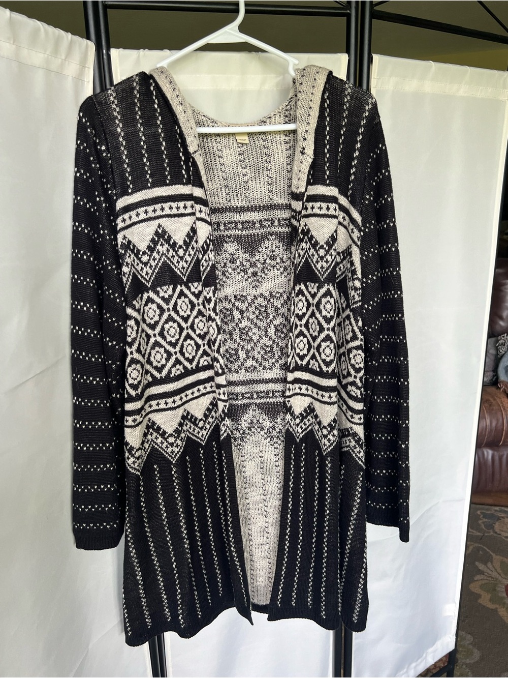 Energie World Wear Black and Cream Hooded Cardigan with Fair Isle Pattern